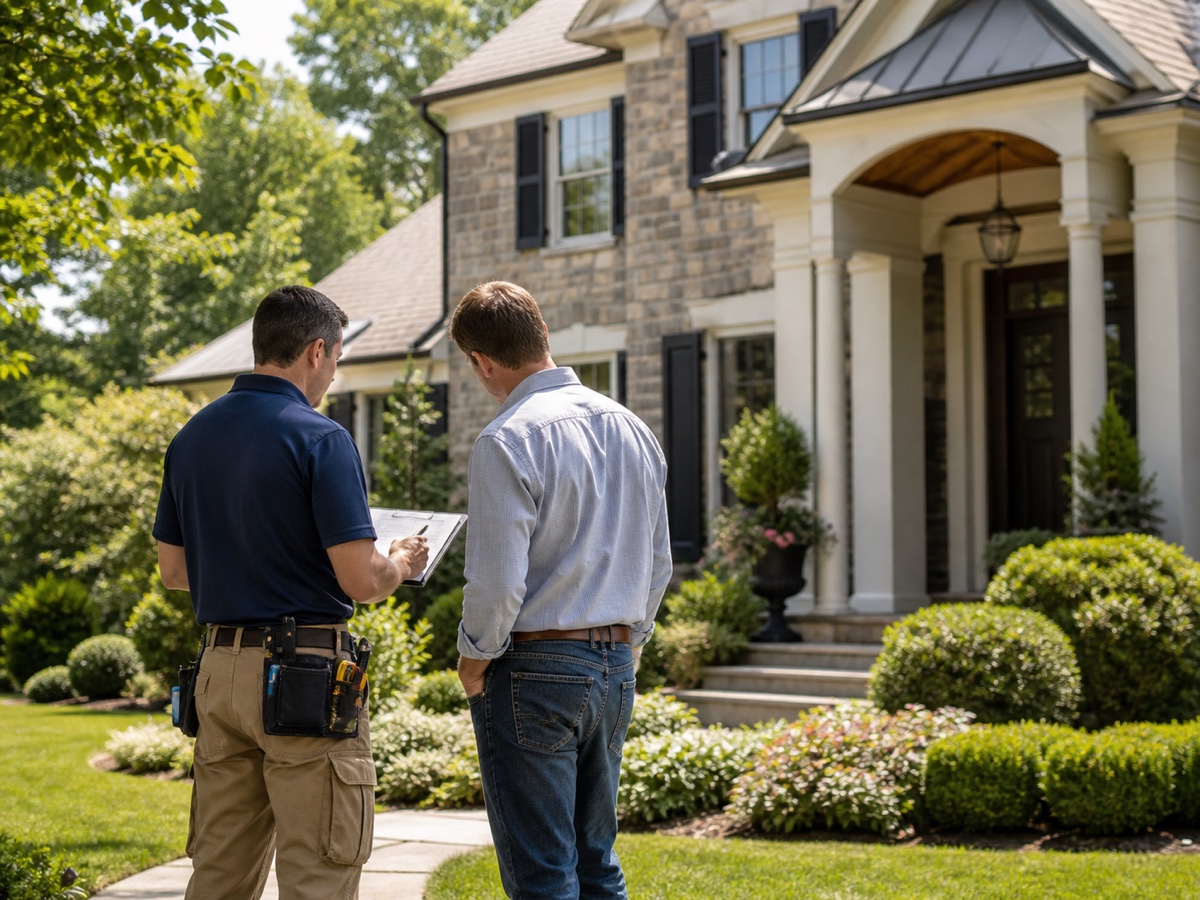 Contractor and homeowner reviewing exterior project details at a local home.